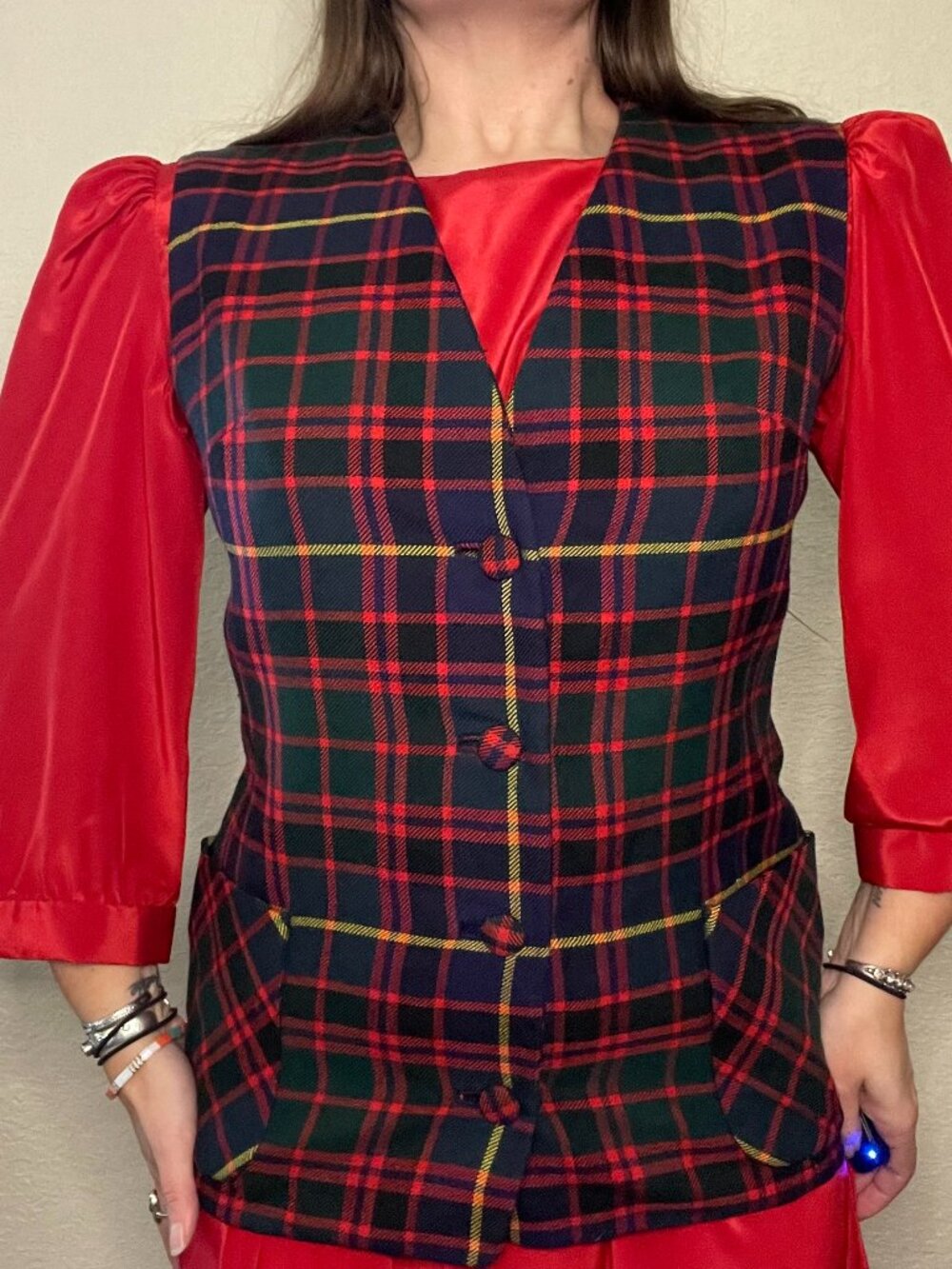 Vintage 70s Holiday Xmas Christmas Check Plaid Wool V Neck Vest | S/M